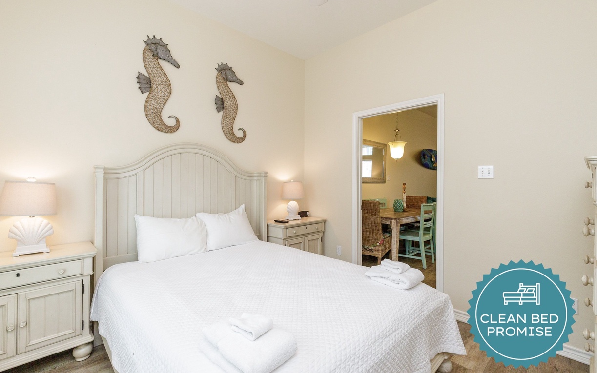 Sleep better at Padre Escapes with our exclusive Clean Bed Promise, providing fresh linens, comforters, and towels washed at high temperatures exceeding CDC recommendations, setting us apart for a truly restful vacation