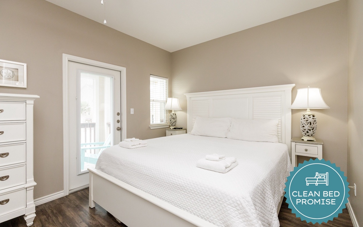 Sleep better at Padre Escapes with our exclusive Clean Bed Promise, providing fresh linens, comforters, and towels washed at high temperatures exceeding CDC recommendations, setting us apart for a truly restful vacation