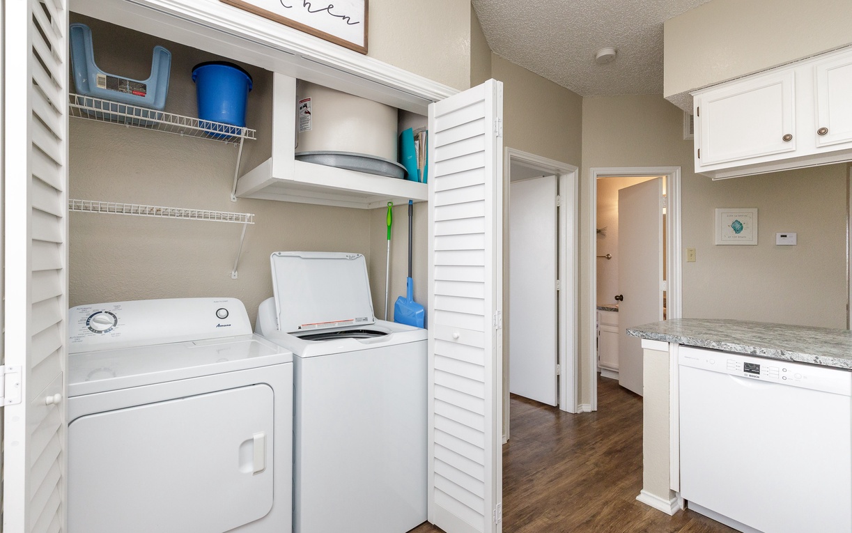 Your in-unit washer and dryer make extended stays effortless, with convenient storage shelving for all your beach gear and cleaning supplies.