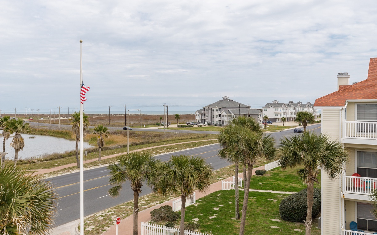 Coastal community view featuring palm-lined streets and nearby residential buildings in a peaceful beachside neighborhood.