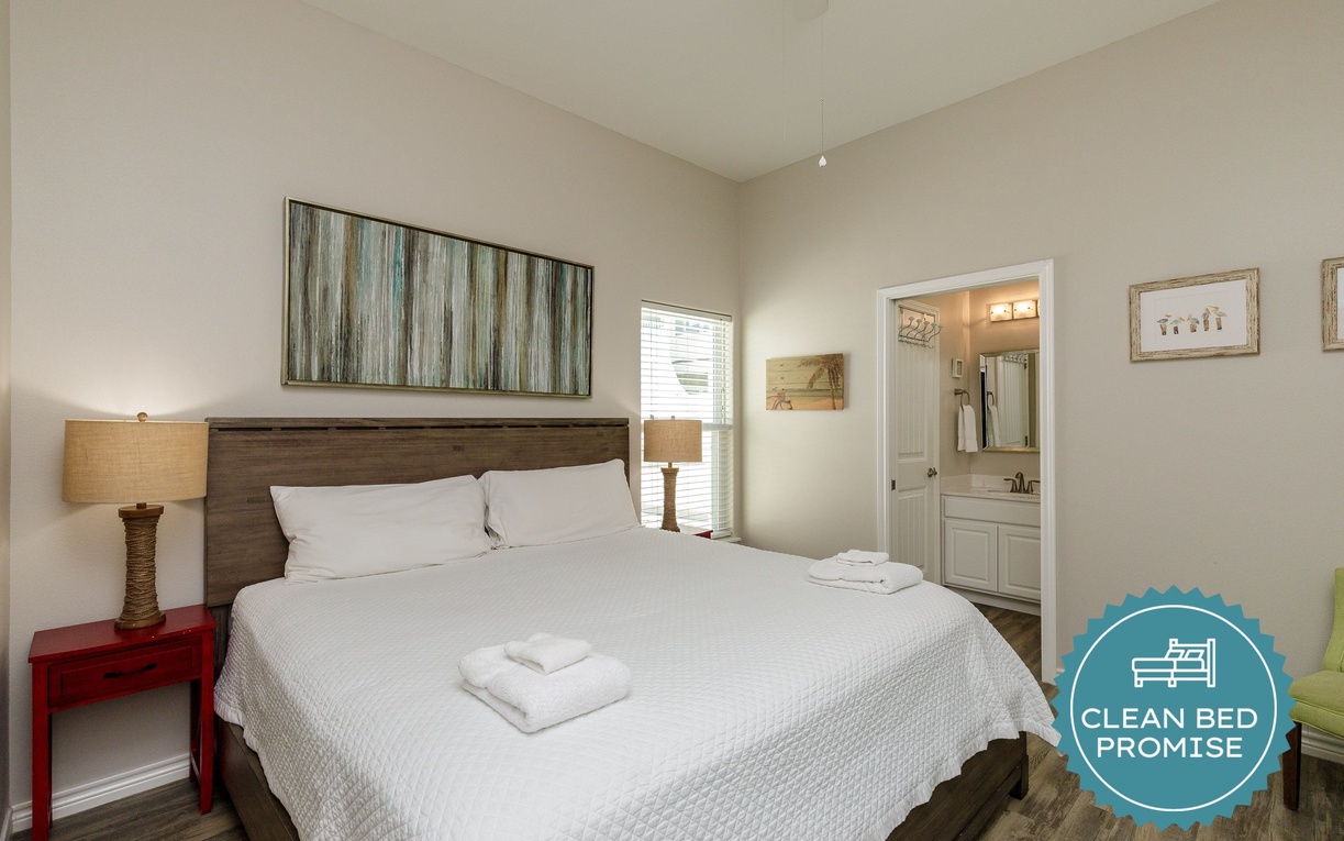 Sleep better at Padre Escapes with our exclusive Clean Bed Promise, providing fresh linens, comforters, and towels washed at high temperatures exceeding CDC recommendations, setting us apart for a truly restful vacation