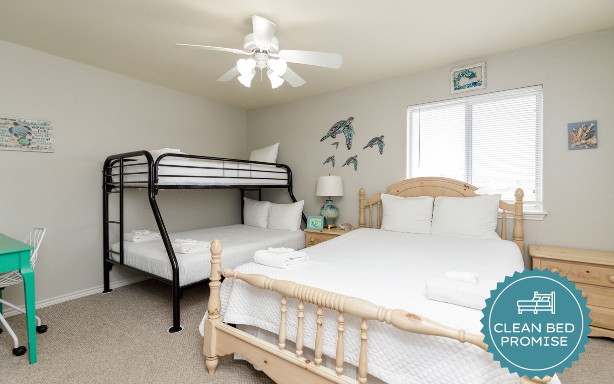 Sleep better at Padre Escapes with our exclusive Clean Bed Promise, providing fresh linens, comforters, and towels washed at high temperatures exceeding CDC recommendations, setting us apart for a truly restful vacation