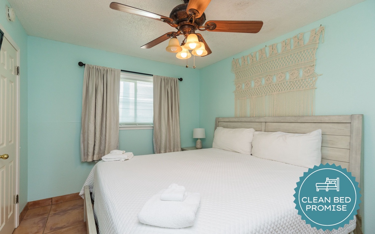 Sleep better at Padre Escapes with our exclusive Clean Bed Promise, providing fresh linens, comforters, and towels washed at high temperatures exceeding CDC recommendations, setting us apart for a truly restful vacation