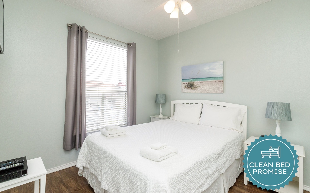 Sleep better at Padre Escapes with our exclusive Clean Bed Promise, providing fresh linens, comforters, and towels washed at high temperatures exceeding CDC recommendations, setting us apart for a truly restful vacation