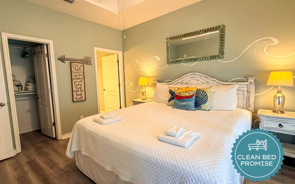 Sleep better at Padre Escapes with our exclusive Clean Bed Promise; providing fresh linens, comforters, and towels washed at high temperatures exceeding CDC recommendations, setting us apart for a truly restful vacation