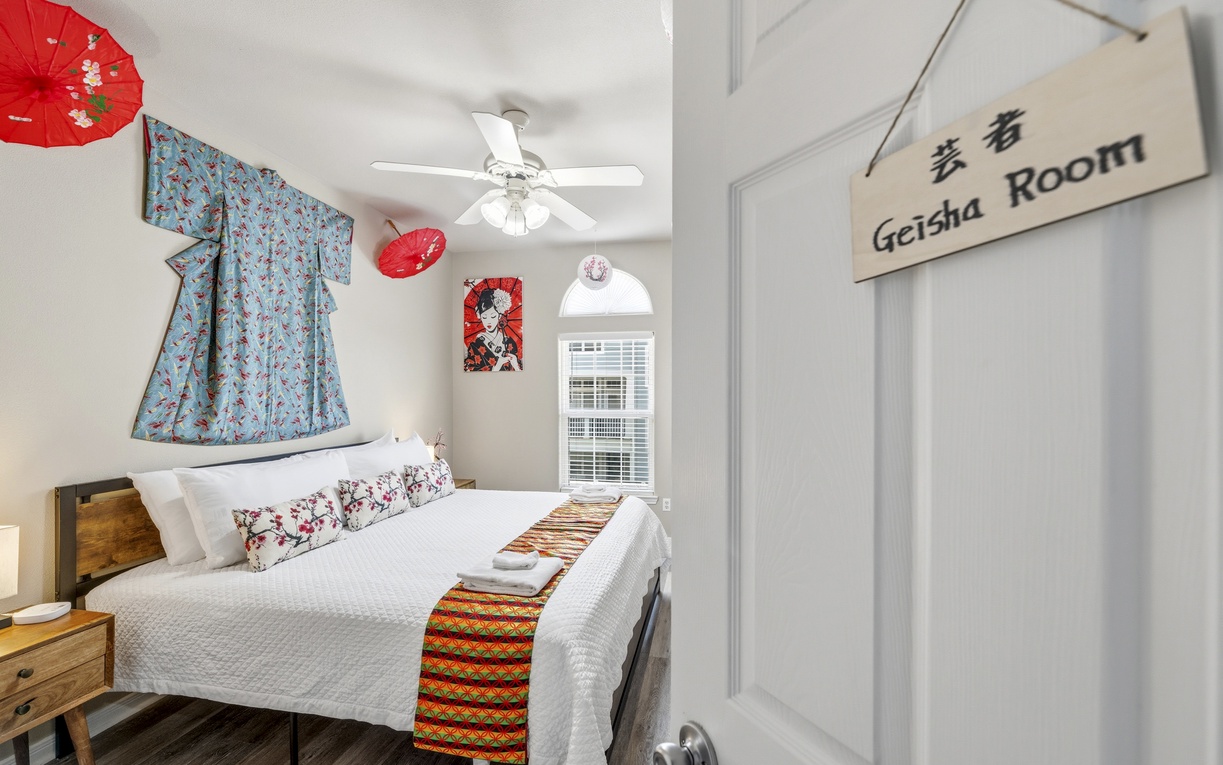 Step into your personal Geisha Room, where Japanese-inspired décor meets modern comfort. Relax under the ceiling fan's gentle breeze as vibrant cultural touches create a unique, serene retreat.