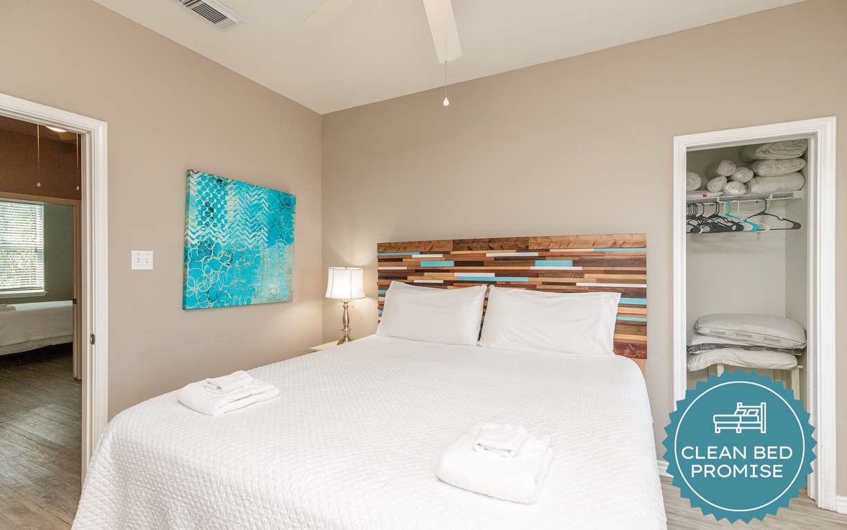 Slip into crisp white linens on your comfortable bed, with thoughtful touches like fresh towels and ample closet space for all your belongings.