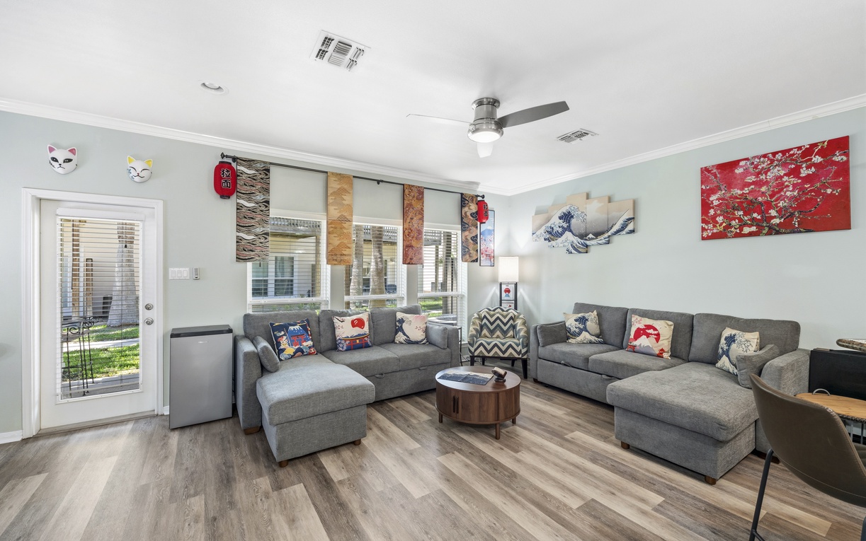 Sink into plush seating with room for everyone, accented by playful artwork that brings character and charm to your stay.