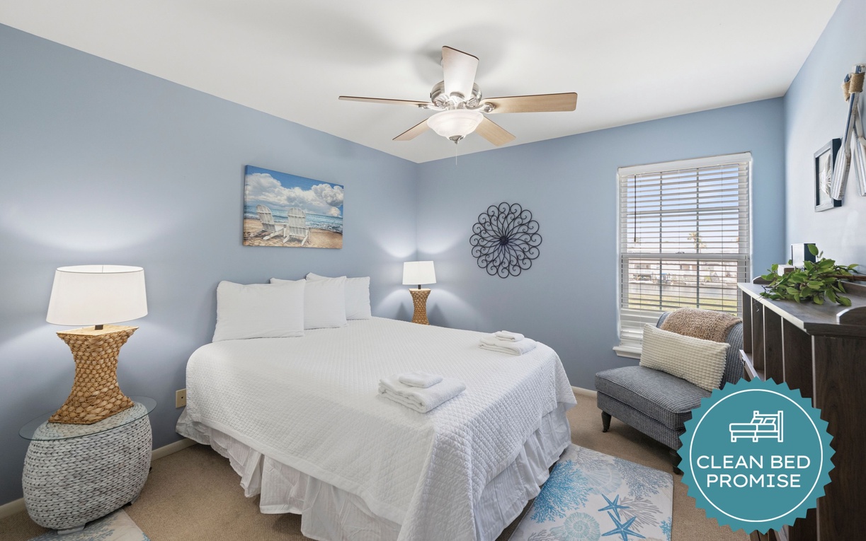 Sleep better at Padre Escapes with our exclusive Clean Bed Promise, providing fresh linens, comforters, and towels washed at high temperatures exceeding CDC recommendations, setting us apart for a truly restful vacation.