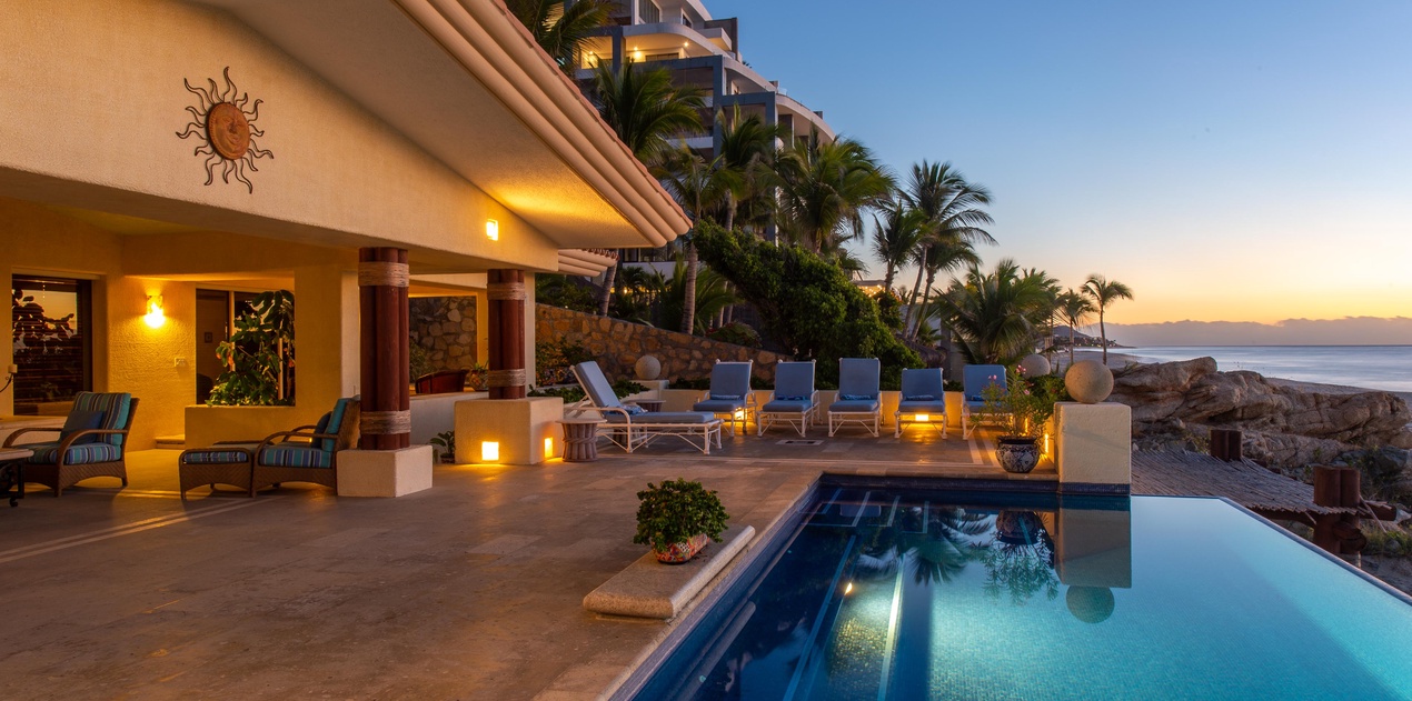 Poolside patio with gorgeous beachfront views