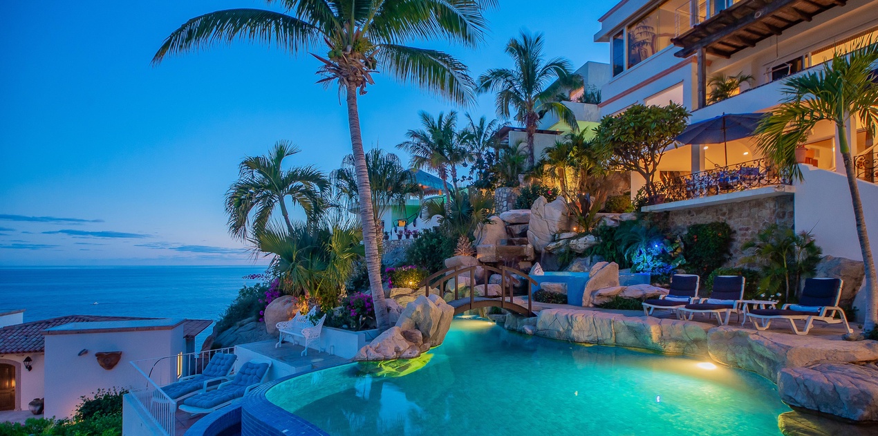 Patio with ocean view during the evening