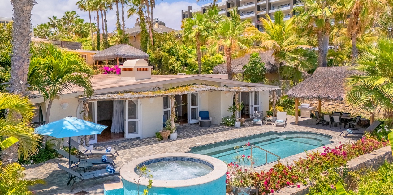 Sunny poolside patio