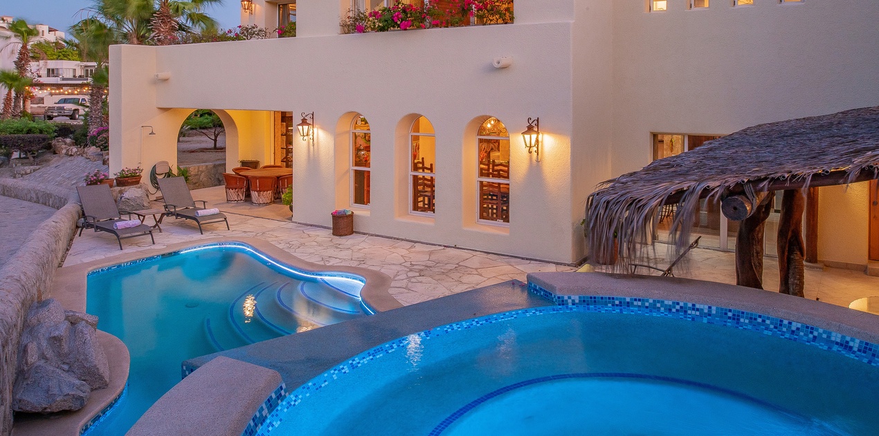 Private pool and jacuzzi during sunset