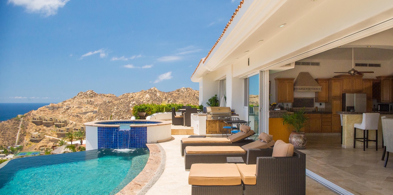 Hot tub, pool, and relaxing seating