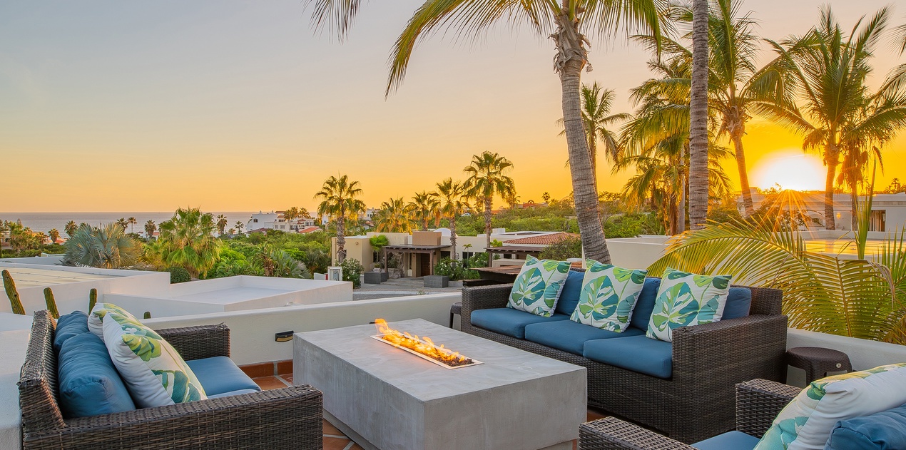 Rooftop of villa with a fire pit and incredible ocean views