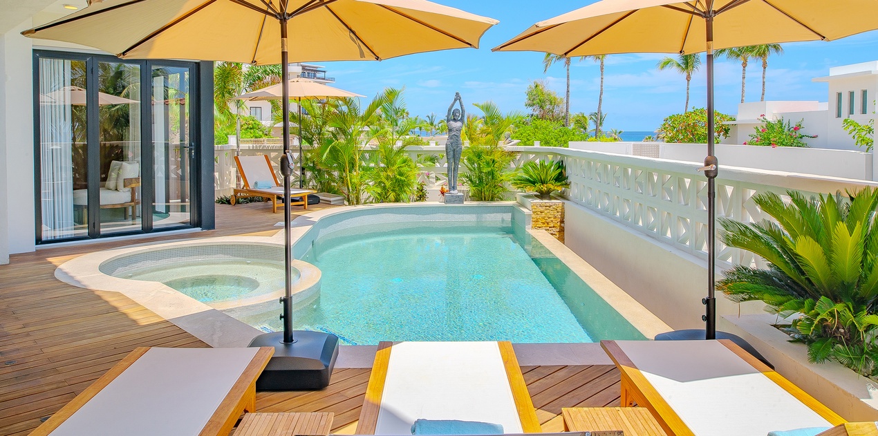 Sunny poolside patio