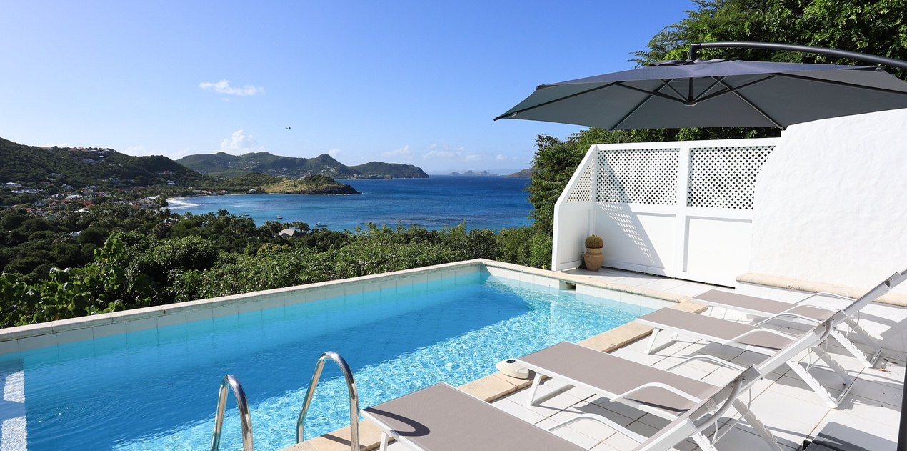 Stunning infinity pool overlooking the azure Caribbean coastline, surrounded by lush tropical hills and pristine beaches.