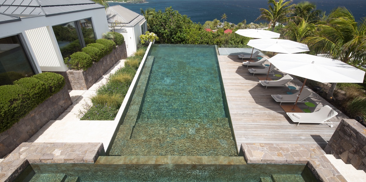 Stunning infinity pool overlooking turquoise Caribbean waters, surrounded by tropical palms and mountains.