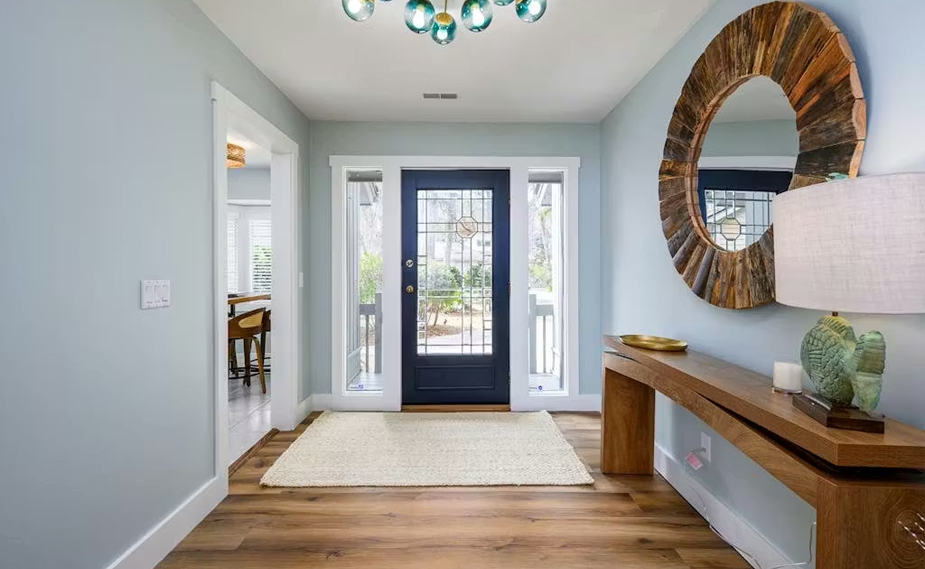 Step into your serene entryway where elegant coastal touches create an instant sense of calm and welcome.