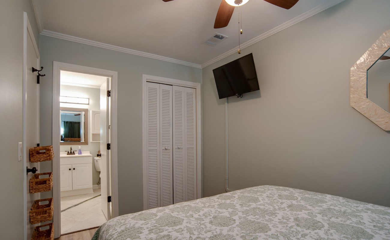 Unwind in your peaceful bedroom with soft linens, ceiling fan for comfort, and your own private ensuite just steps away.