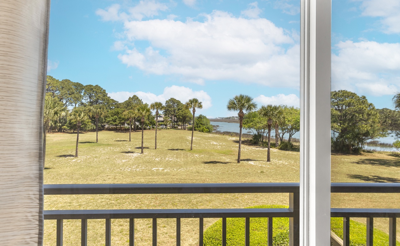 Bright waterfront view from your balcony showcases palm trees and scenic coastal landscape.