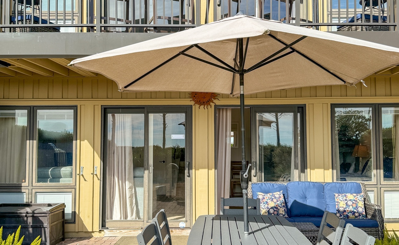 Patio with Charcoal Grill and Beach Access