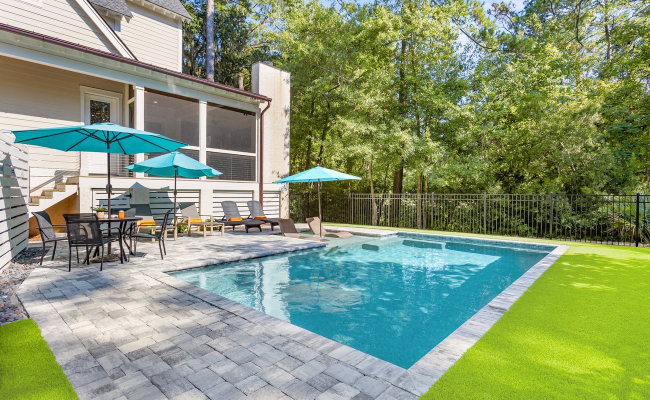 Private Pool with Secure Fenced Yard and Lush Astroturf