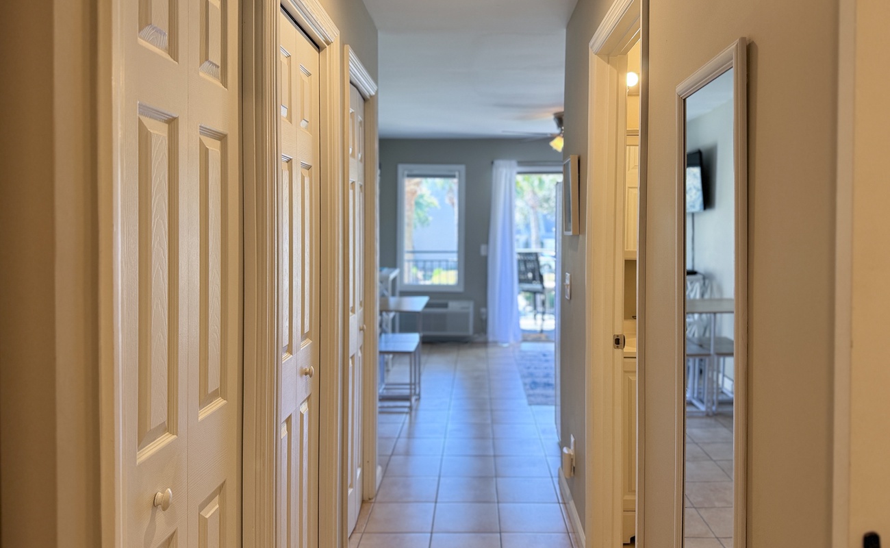 Hall with Guest Closets, Bathroom and Living Area