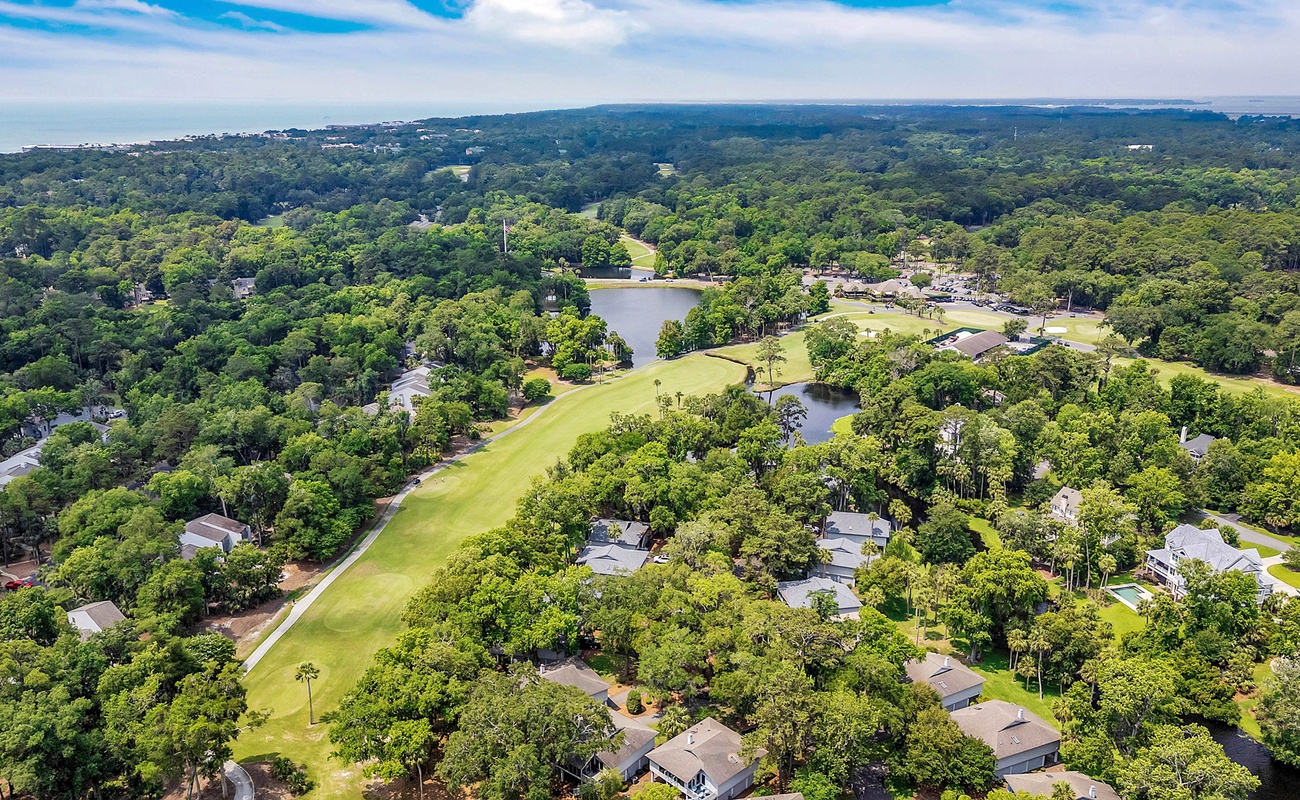Aerial Above Home Overlooking Golf Course