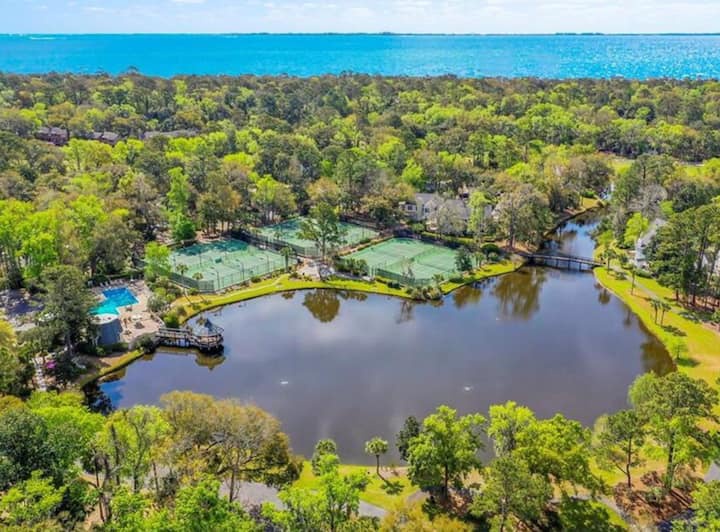 Aerial Photo of Evian Community Pool and Tennis Courts