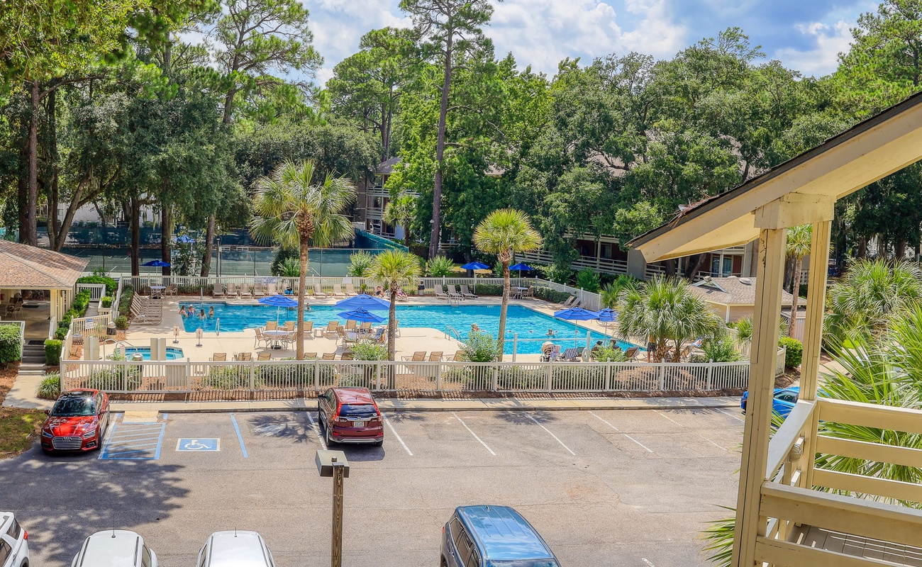 View of Pool from Building Stairwell
