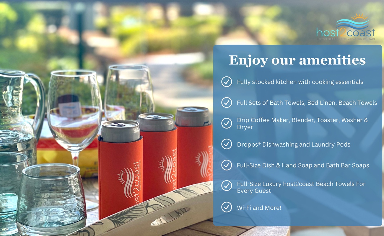 Your outdoor dining moments become perfect with provided glassware and host2coast amenities ready for poolside refreshment.