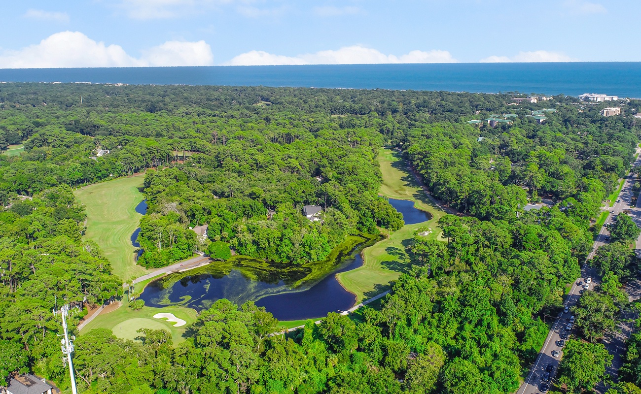 Aerial Above Home Overlooking Golf Course
