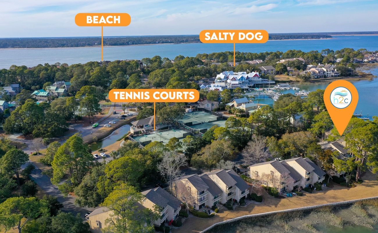 Aerial of Villa, Salty Dog, Tennis Courts, and Beach Locations