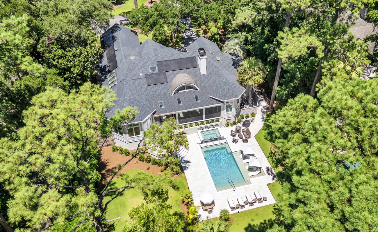Aerial of Home with Private Pool and Secluded Backyard