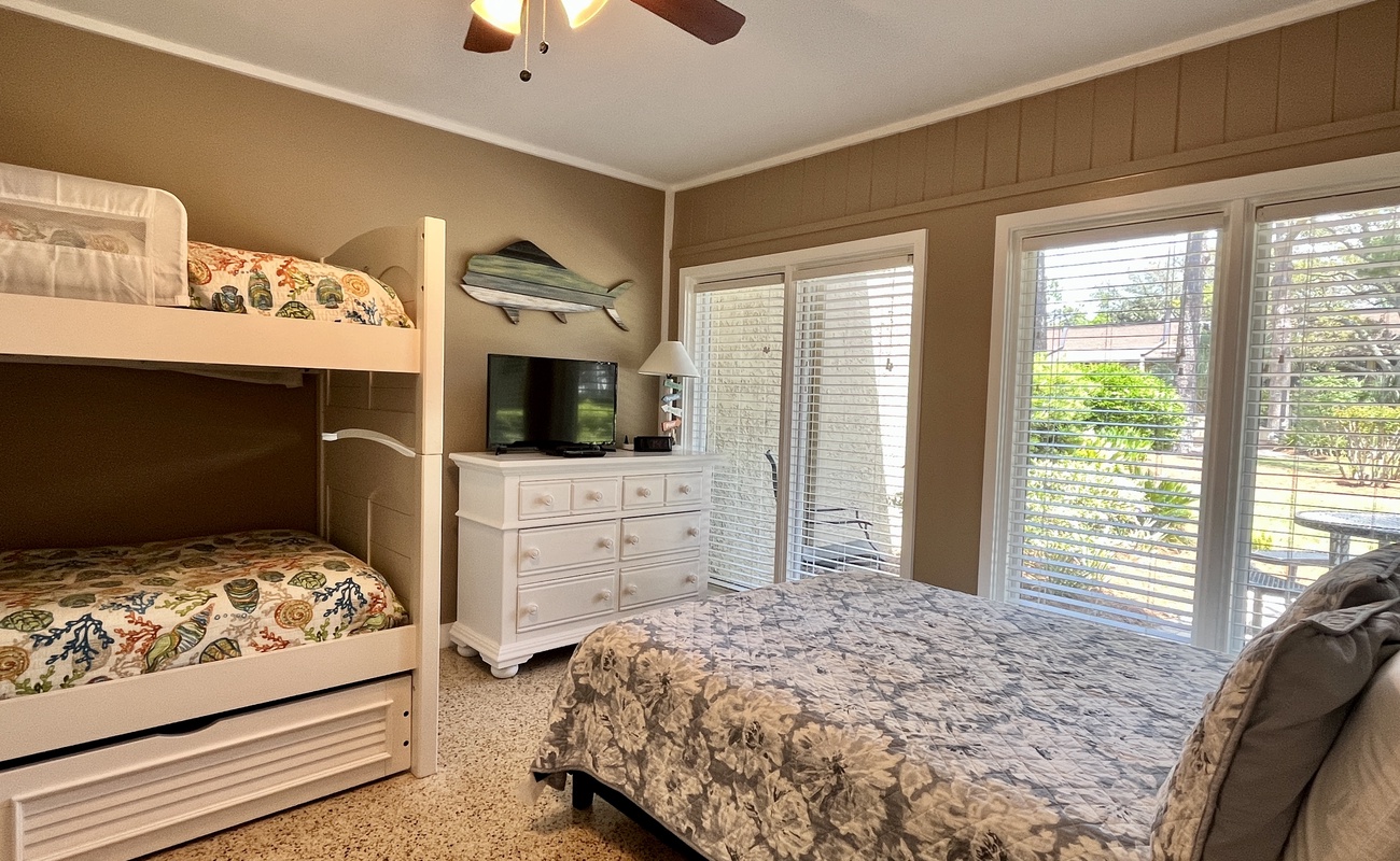 Ground Level Bedroom with Twin Bunks and Queen Bed