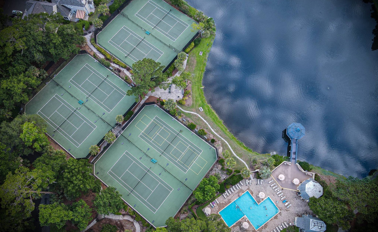 Aerial of Community Pool and Tennis Courts 