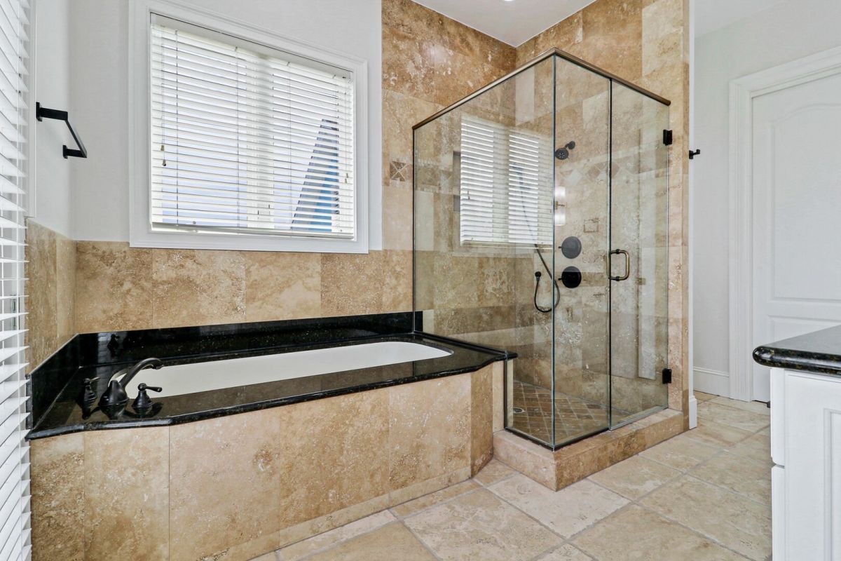 Double vanity, soaking tub and shower