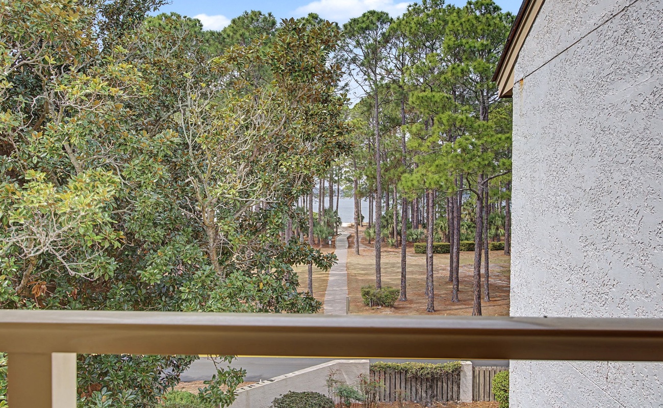Peaceful wooded view from your private balcony overlooks tall pines and natural landscape, perfect for morning coffee moments.