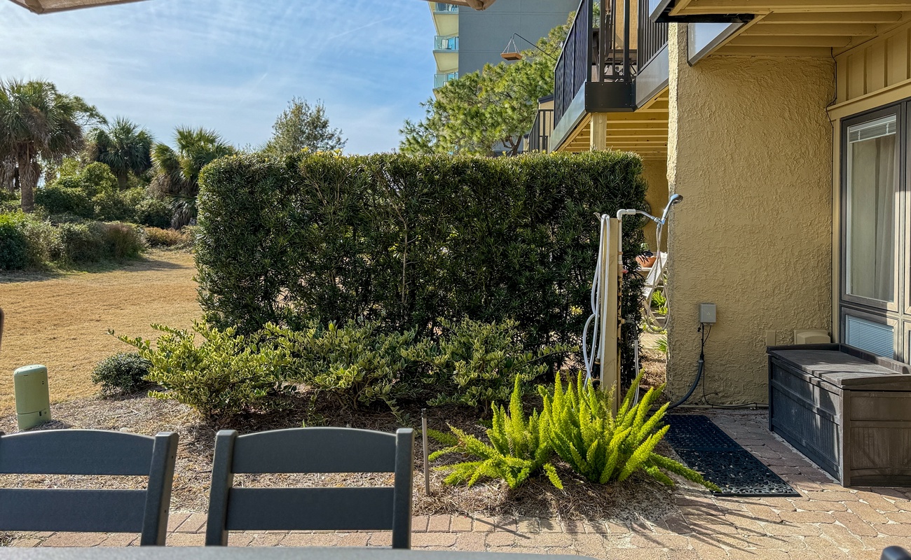 Patio with Charcoal Grill and Beach Access