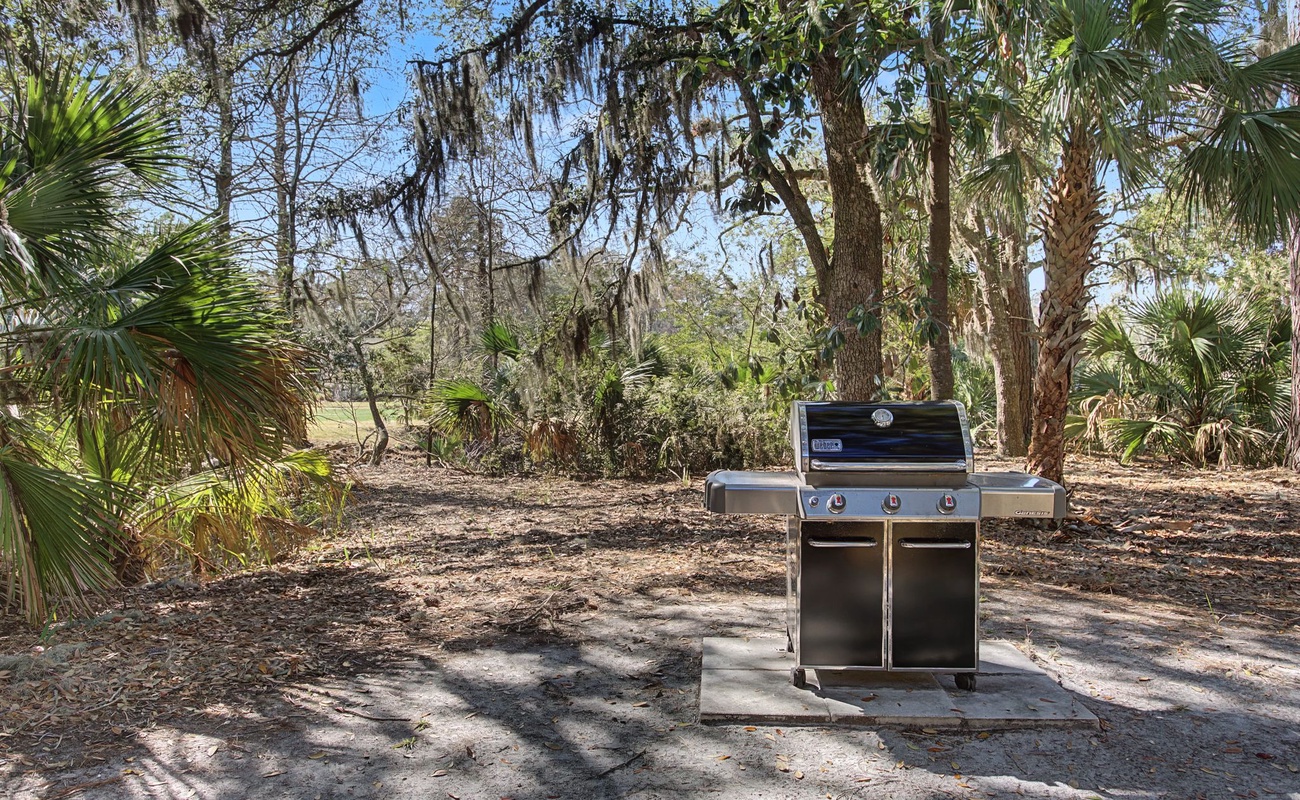 Fire up the grill in your private tropical oasis, where palm trees and Spanish moss create natural shade for perfect outdoor cooking.