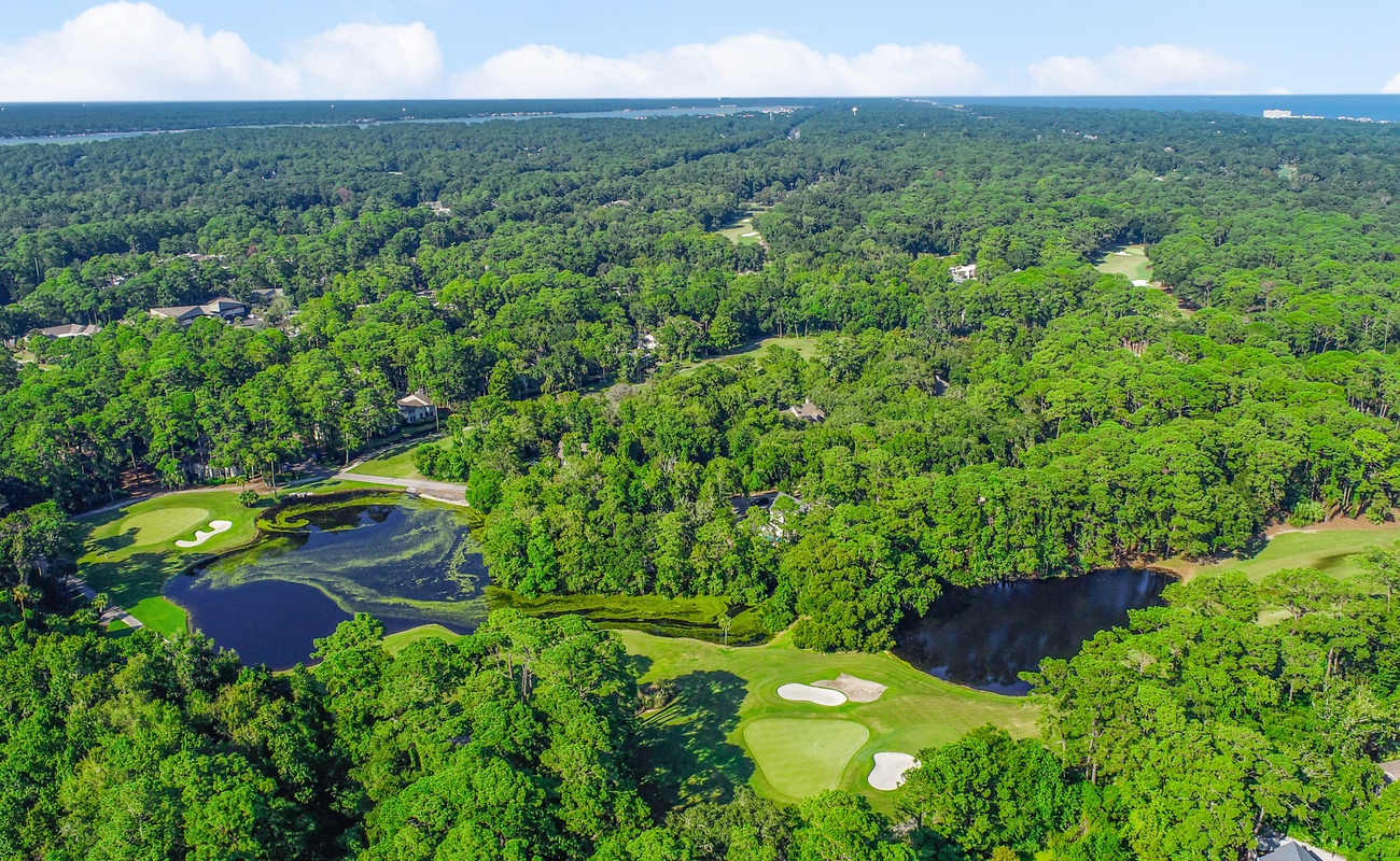 Aerial Above Home Overlooking Golf Course