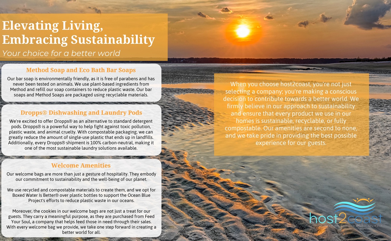 Beautiful oceanfront sunset creates a peaceful backdrop for this eco-conscious vacation rental's sustainability commitment.