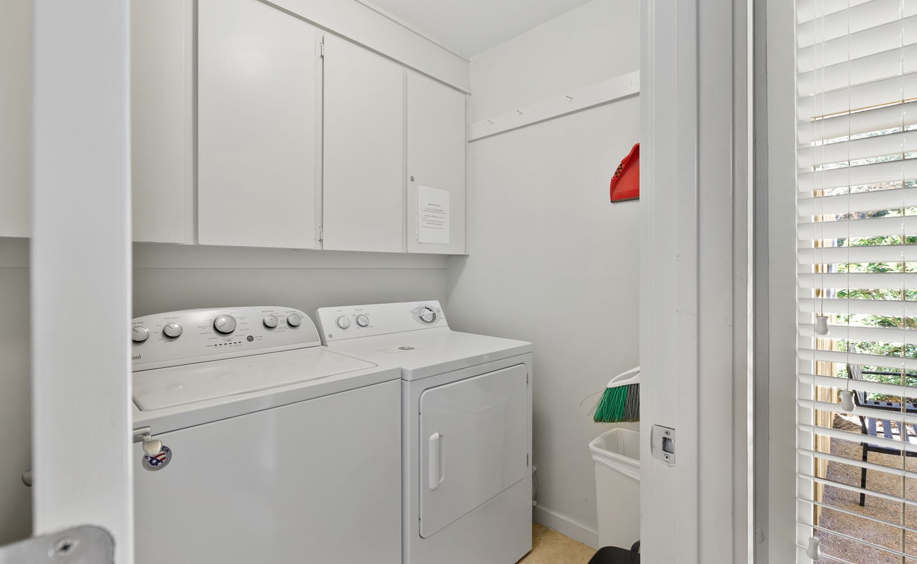 Your dedicated laundry room keeps your vacation wardrobe fresh with full-size washer and dryer, plus ample storage space.