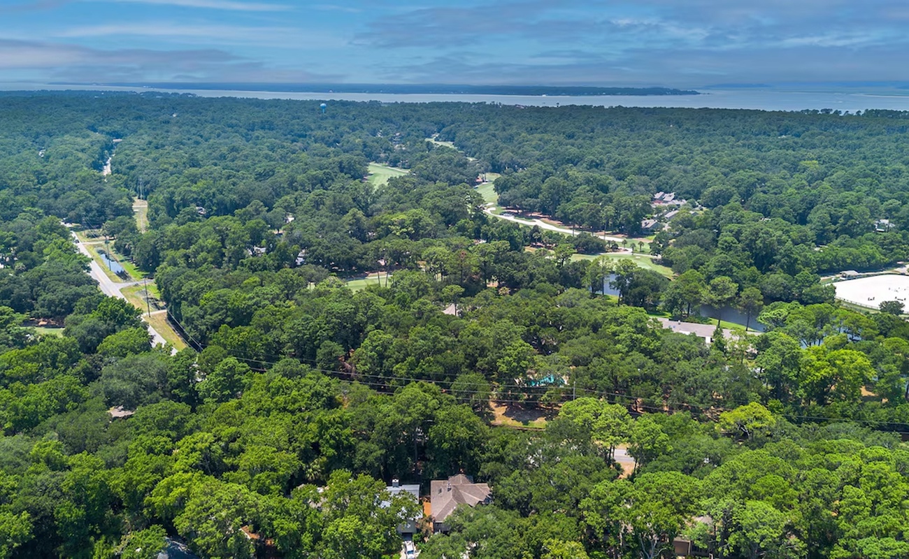 Aerial view showcasing a lush, tree-covered neighborhood with winding roads leading toward the distant water.