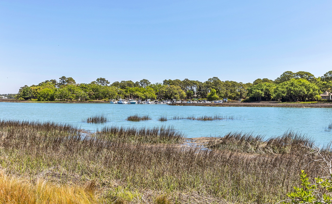 Tranquil coastal waters meet lush marshlands and marina views in this peaceful waterfront setting.