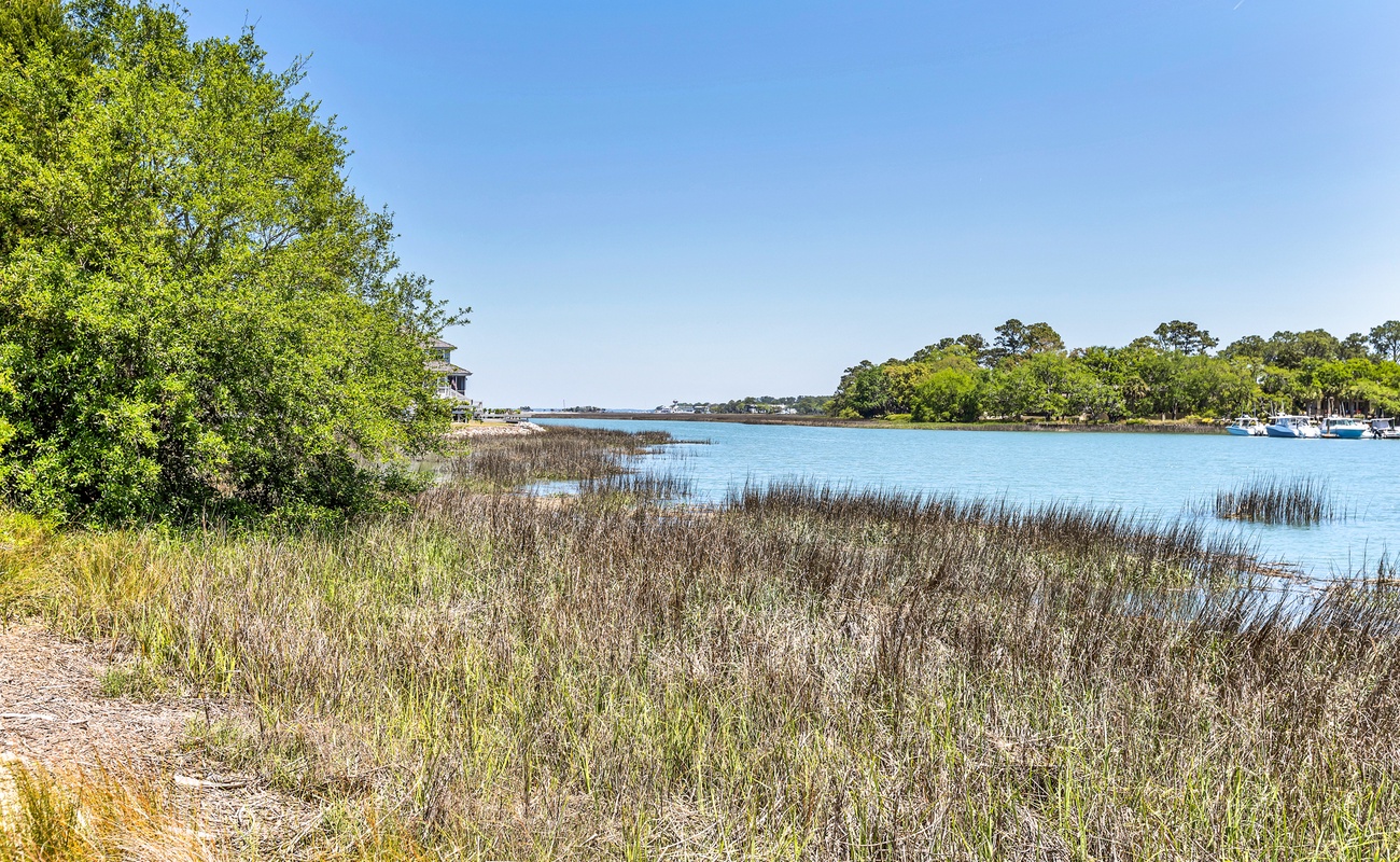 Tranquil waterfront setting with pristine marshlands and peaceful marina views creating a serene coastal atmosphere.
