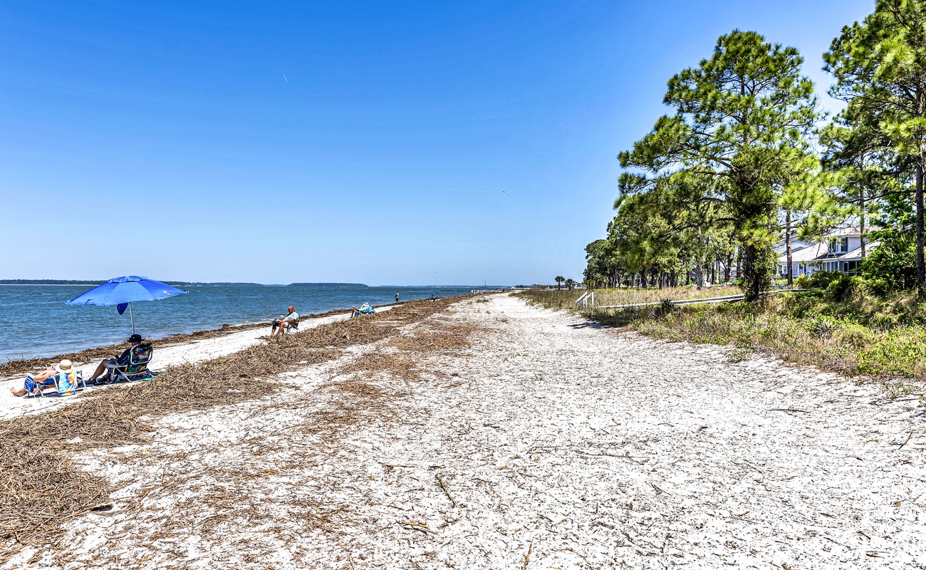 Pristine beachfront stretches along crystal waters, framed by lush coastal trees and charming waterfront homes in this peaceful seaside setting.