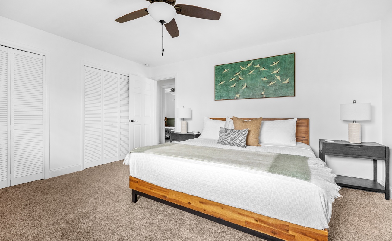 The primary bedroom is on the main level & has a king-size bed.