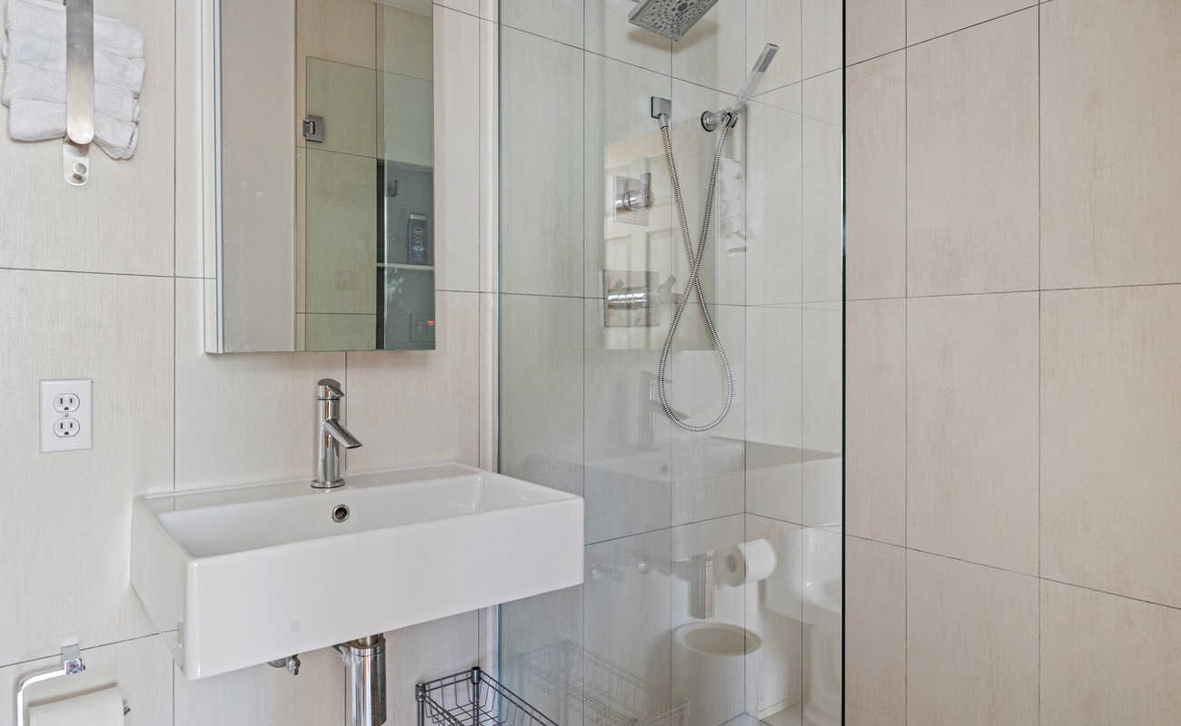 Sleek and sophisticated, the main ensuite bath is a true retreat.